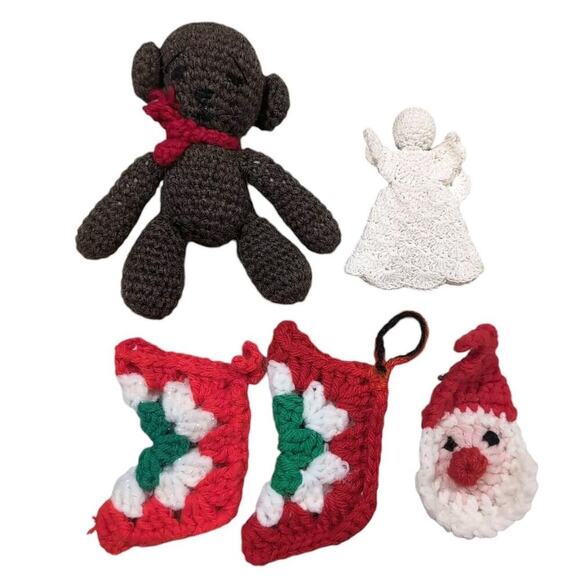 VTG Christmas Ornaments Handmade Crochet Yarn Lot of 5 Santa Stockings Angel - Picture 1 of 5